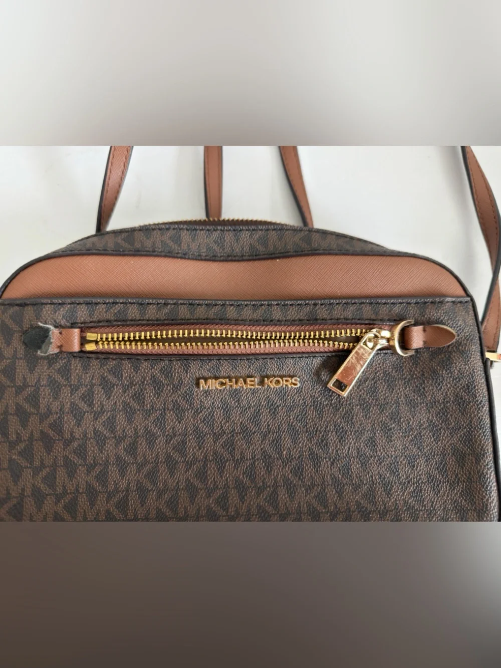 Michael Kors Brown Monogram Crossbody with Gold Trim